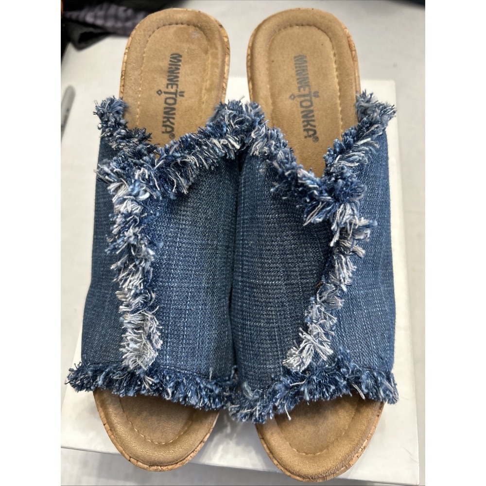 Women's Minnetonka Boho York‎ Wedge Denim Cork Fringe Slide Summer 3.5" Sz 11